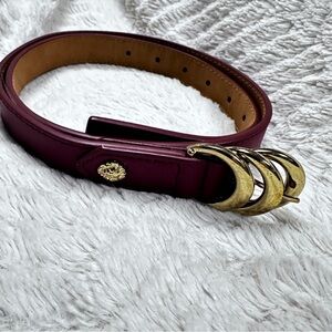 Anne Klein Burgundy Vegan Leather Belt with Lion Head, Gold 3 Gold Rings M NWT